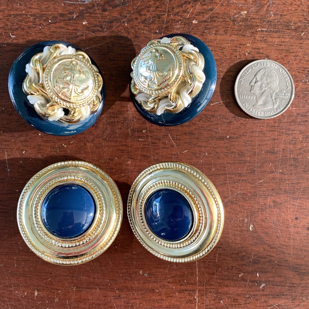Vintage 1980’s 2 pr clip earrings, gold tone and navy, plastic costume